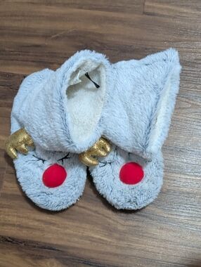 George Gray Plush Reindeer Slippers with Red Noses